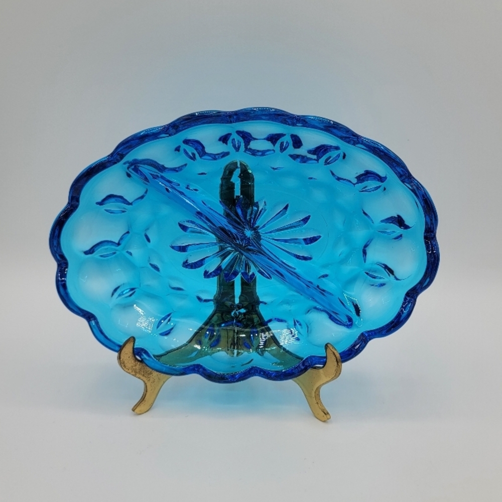 Anchor Hocking Fairfield Lazer Blue Divided Relish Dish Mid Century Glass Vtg